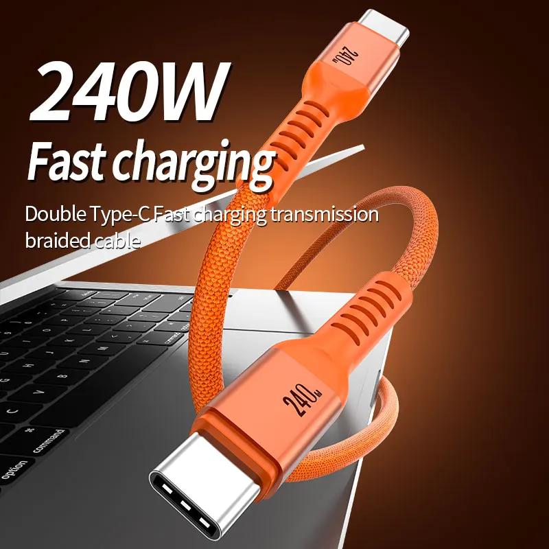 PD240W USB C to USB C Cable,0.5m/1m/2m/3m Braided Type C Fast Charging Cord for iPhone 17 16 Pro Samsung S26 S25 Ultra（Orange）