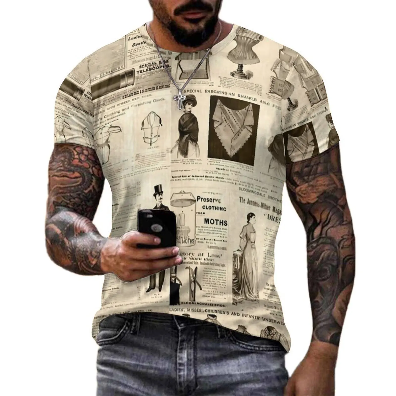 Vintage Newspaper T-Shirt Advertisements Print T Shirts Men Street Style Tee Shirt Summer Short Sleeve Pattern Clothes Plus Size