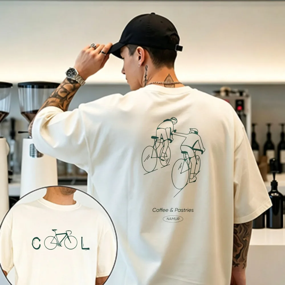 Couple Double Sided Print Crew Neck T Shirt Simple Cool Bike Pattern Front Two Cyclists Line Drawing Back Cotton Cycling Tops