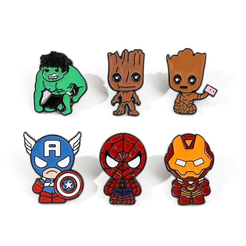 Cartoon Image Captain America Groot Hulk Iron Man Spiderman Botton Brooch Marvel Avengers Pins for Backpacks Safety Pin Brooche