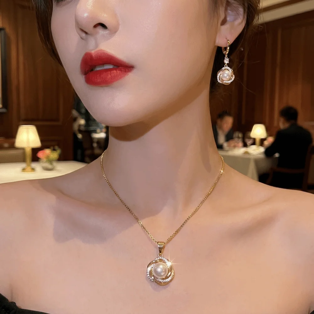 Gifts Versatile Zircon Jewelry Sets Dainty Elegant Imitation Pearl Jewelry Sets Trendy Shining Necklace Earrings Sets Party