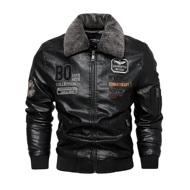 

Mens Vintage Motorcycle Jacket Embroidery Detachable Fur Collar Biker PU Leather Jackets Winter Fleece Bomber Coat Overcoat Male