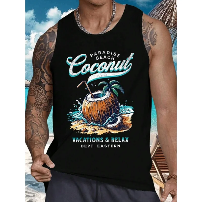 Cool Coconut Tree Pattern Tank Tops For Men Colorful Gradient 3D Printed Tees Summer Casual Loose Street Round Neck Vest Tops