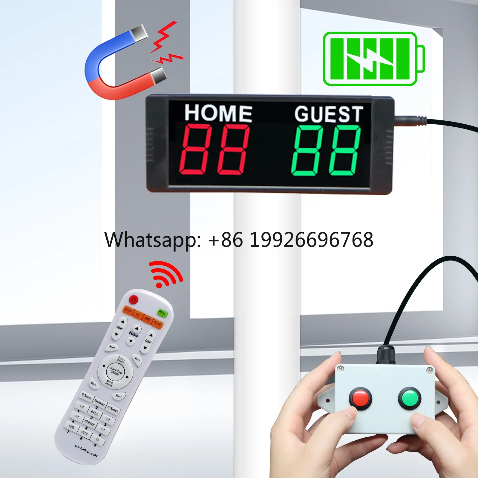 

Multiple Games Scoring Board Rechargeable Magnetic 1.5inch LED Mini Digital Scoreboard with Remote & Button Box Control