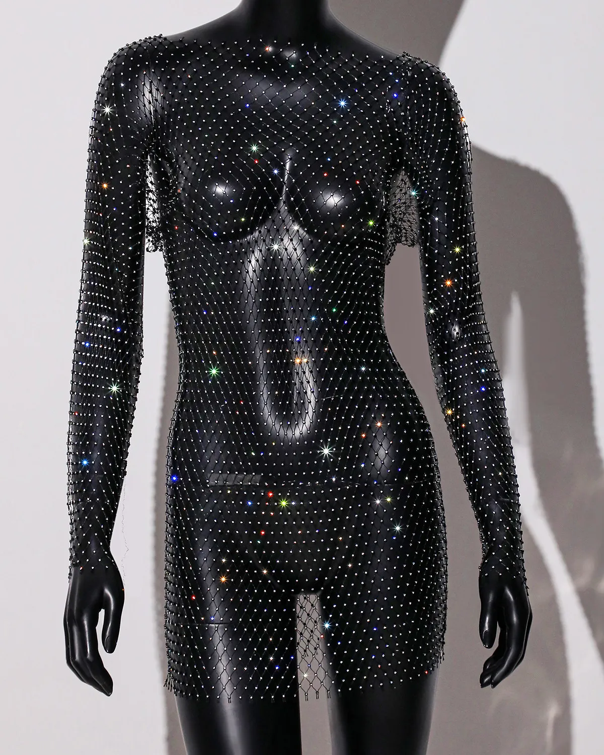 FestivalQueen เซ็กซี่ Rhinestone ตาข่ายแขนยาว Hollow Out Sheer ชุดสายคล้องคอสําหรับ Club & Party เสื้อผ้าผู้หญิง