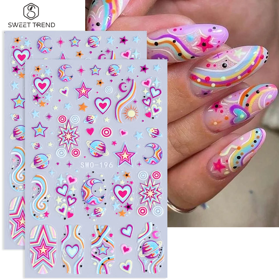 2 Stück Y2K Bunte Planeten-Stern-Herz-Nagelaufkleber Regenbogen-Mond-Galaxie Selbstklebende Nagelsticker DIY Maniküre-Dekoration Slider – Detail 2