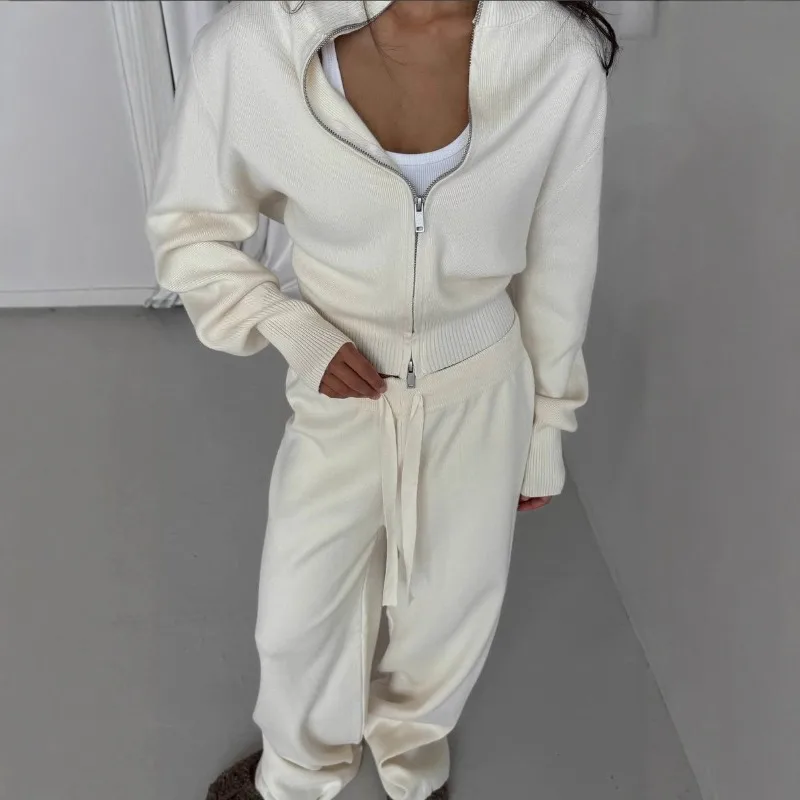Autumn Solid-color Straight-leg Suit for Women Featuring A Knitted Zipper Top Loose Trousers It Exudes A High-end Casual Elegant