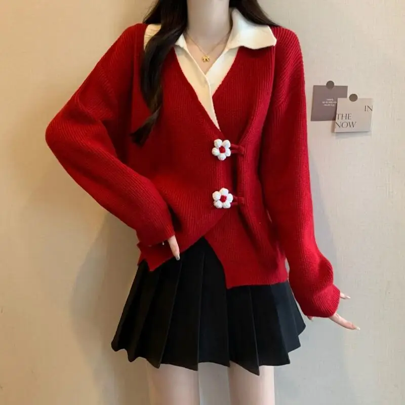 

Women's Coat winter autumn Jacket Outerwear Warm Fleece Lined Two Piece Red Loose New Patchwork Irregular Top Knit Cardigan
