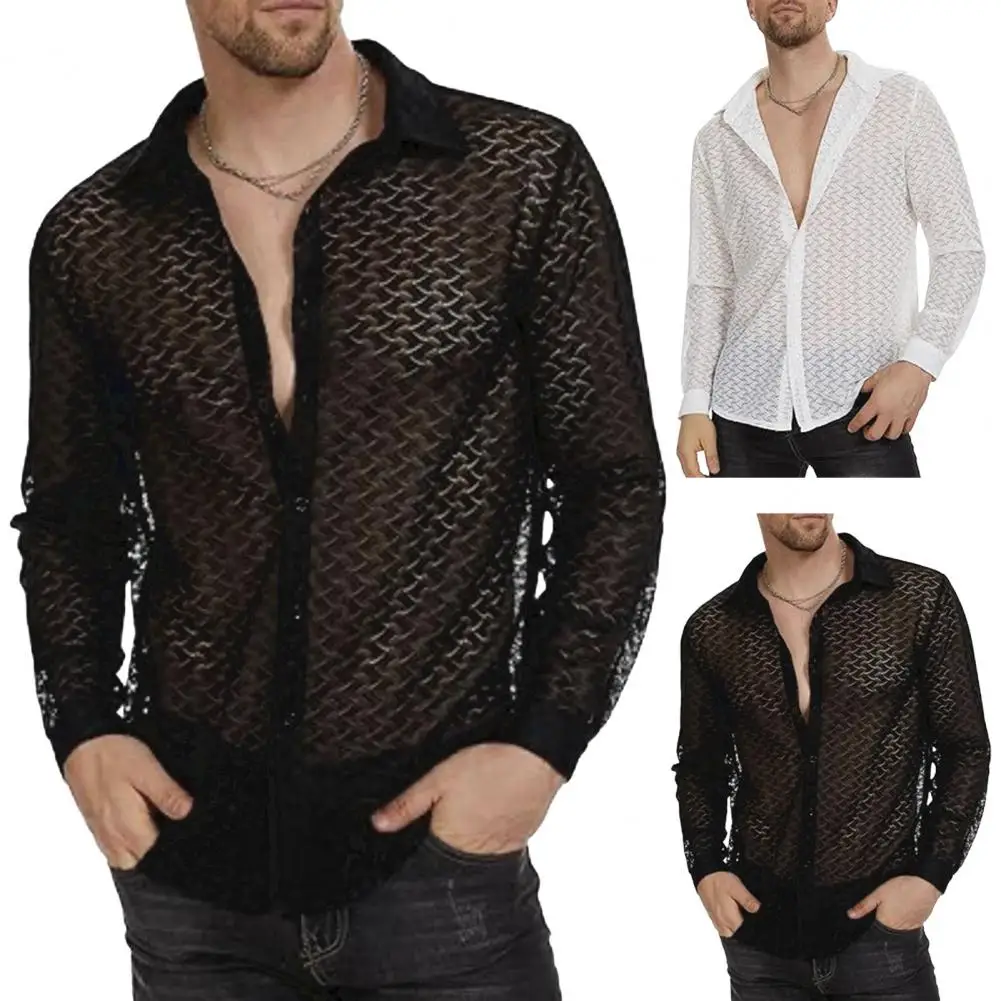 Vacation Shirt Men\'s Lace Mesh Cardigan with Turn-down Collar for Summer Vacation Beach Wear Sheer Long Sleeve Shirt for Stylish