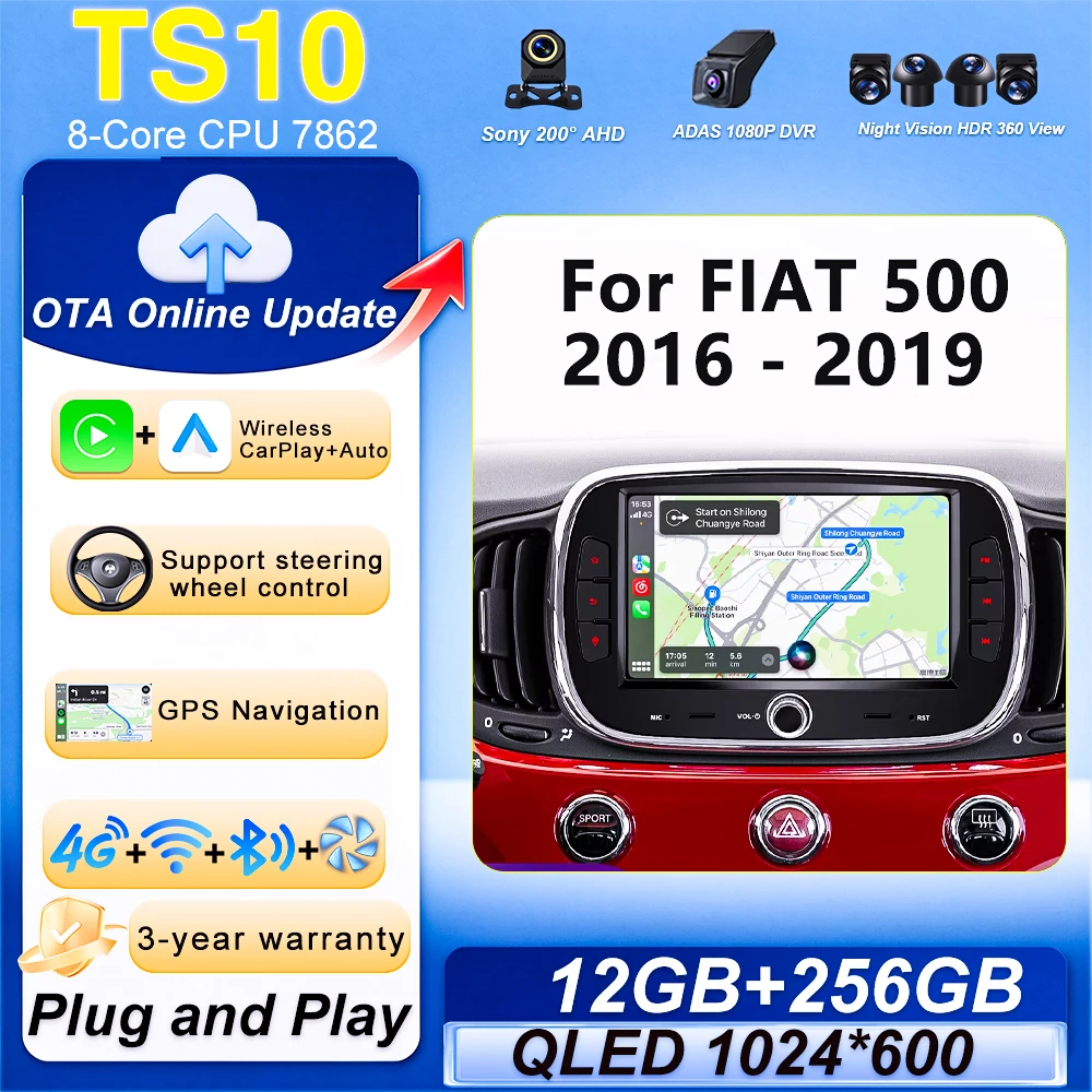 Android 16 Wireless Carplay For FIAT 500 2016 2017 2018 2019 Intelligent System 8 Core Car Multimedia Player 5G Touch Display