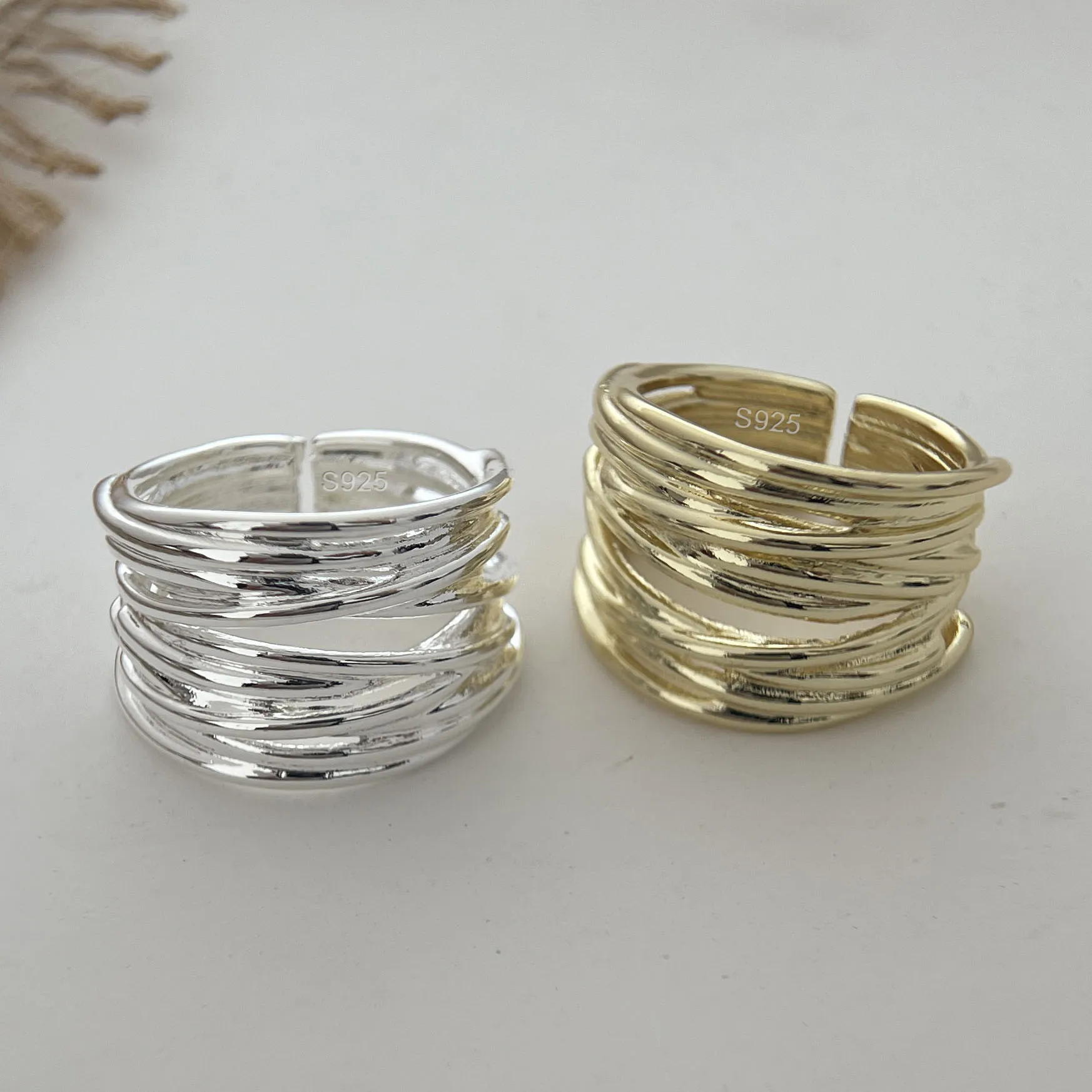 925 Sterling Silver Rings for Women Simple Geometric Handmade Big Gold Color Ring Party Jewelry Gift Prevent Allergy