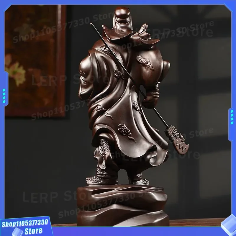 Hand Carved Black Sandalwood Guan Yu Statue Solid Wood God of Wealth Ornament Guan Gong Figure for Home Office Feng Shui