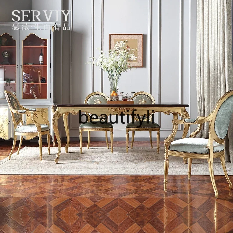 French light luxury solid wood carving flower long dining table European classical dining table and chair combination2936