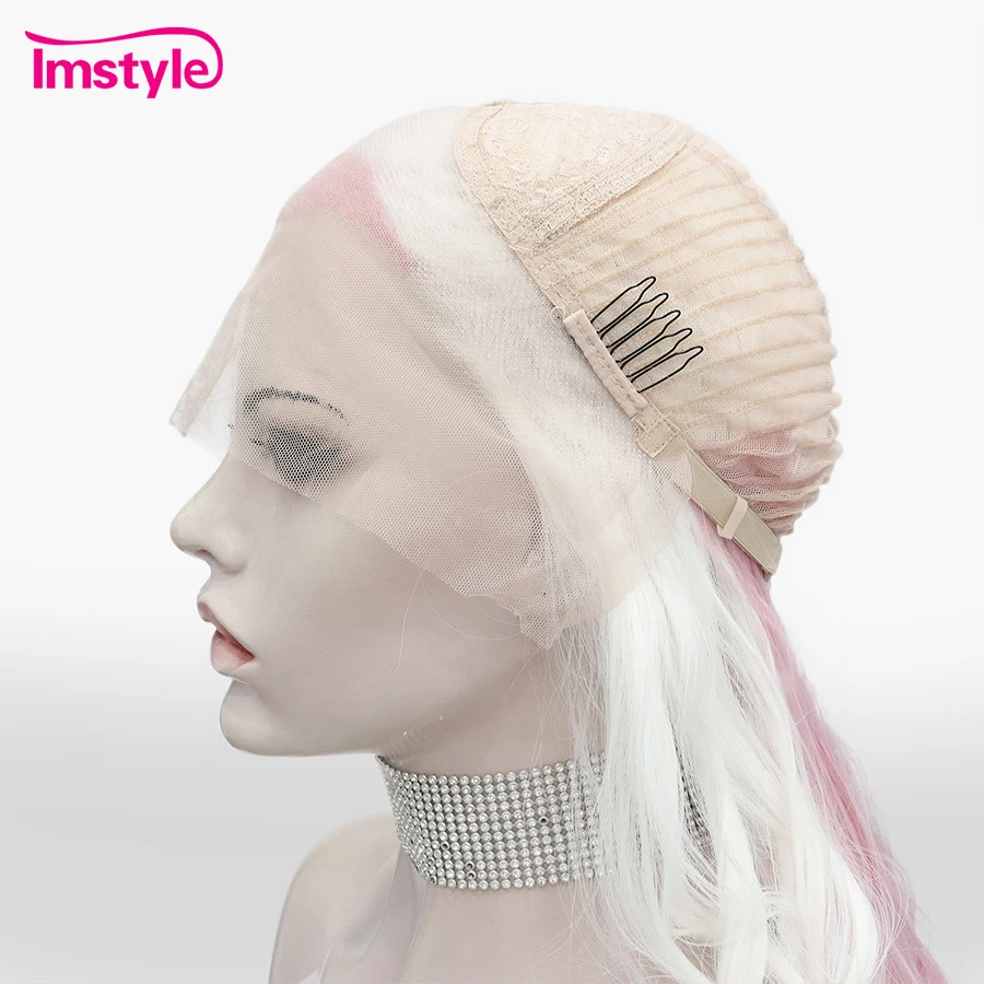 Imstyle White Wig Pink Highlight Synthetic Lace Front Wig Deep Wave Long Wigs For Women Heat Resistant Fiber Cosplay Wig