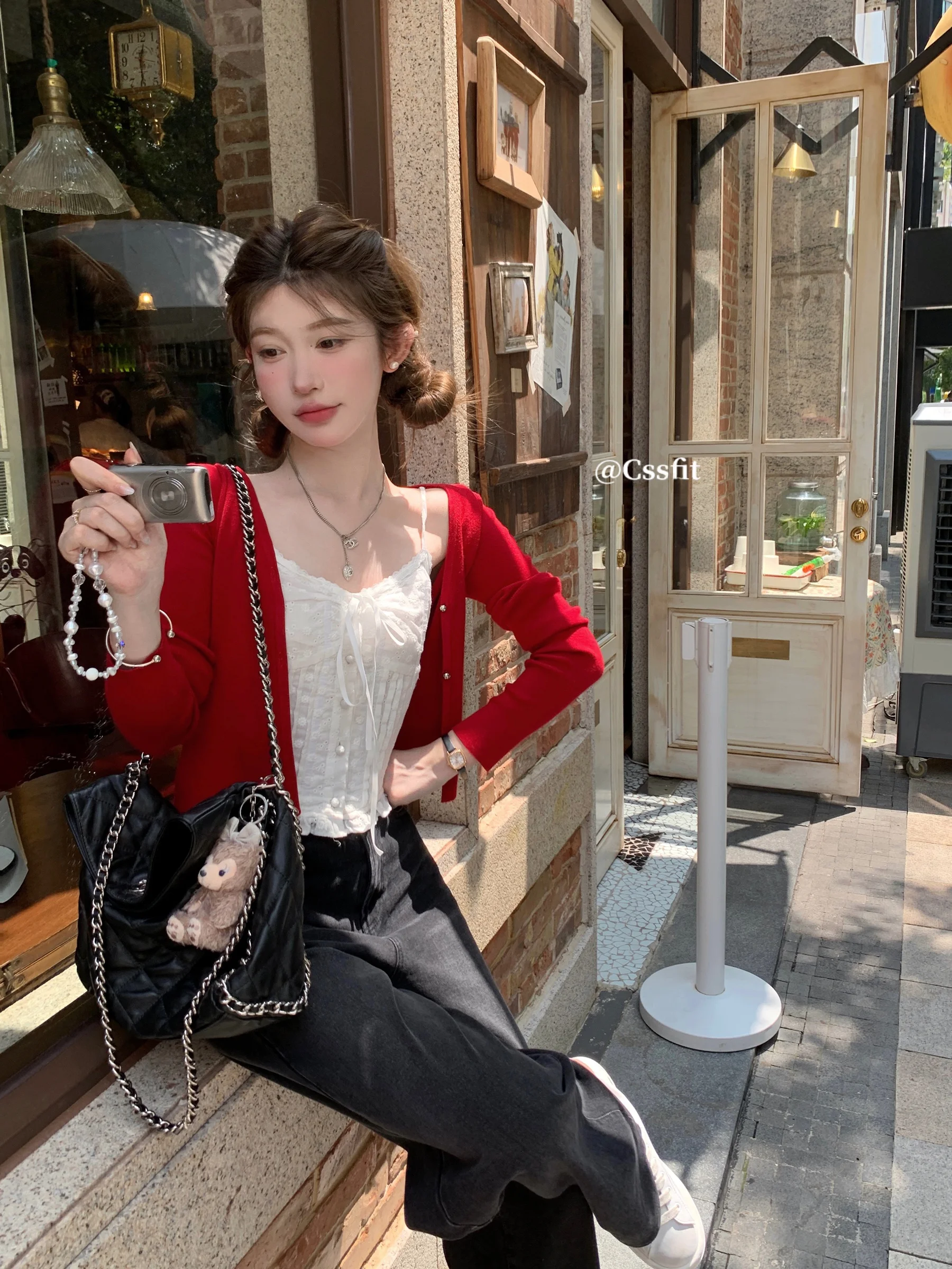 

Precise Small Golden Button Knitted Cardigan Women's Thin Sle Slimming ort Top Sweet And Sour Red Cherry Design Commute S...