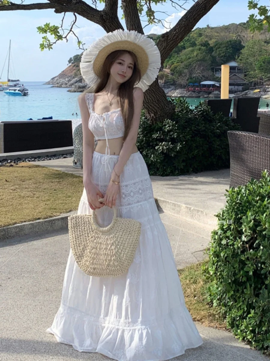 

Pure Desire Lace Strap Vest White Skirt Set Two-Piece Set Korean Sle High-End Long Dr Faionable Women's Ensemble