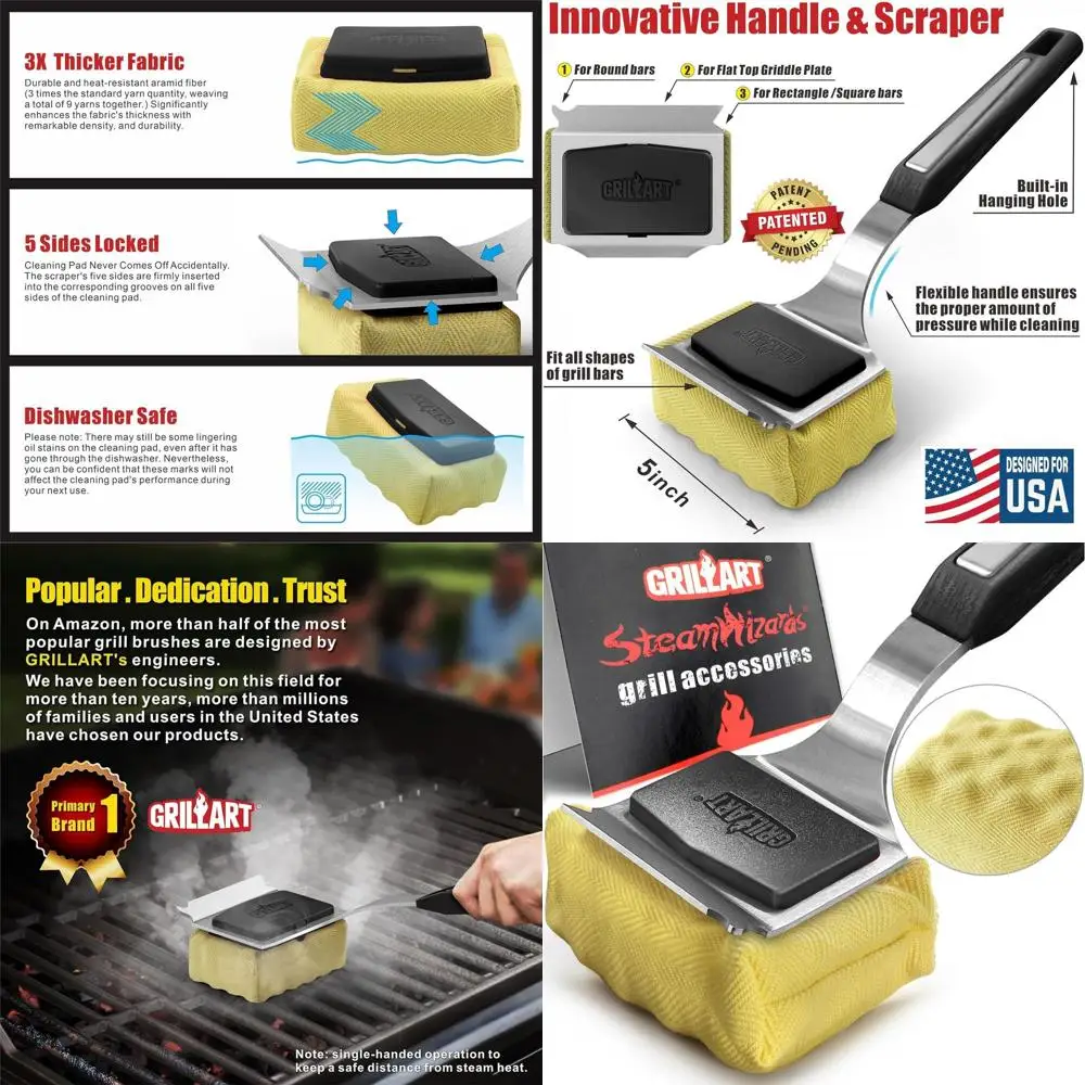 

Bristle-Free Grill Brush: Enhanced BBQ Cleaning Tool with Replaceable Heads for Cast Iron and Stainless Steel Grates - Black