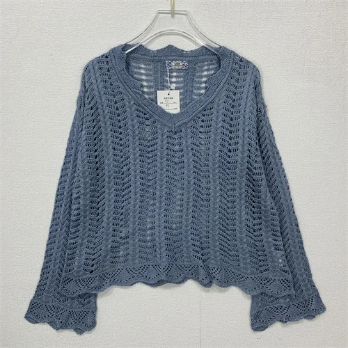 Vintage Handmade Hooked Floral Hollow out Sweater Long Sve V-Ne Spring Summer Cotton Blend Knitted n awl Coat