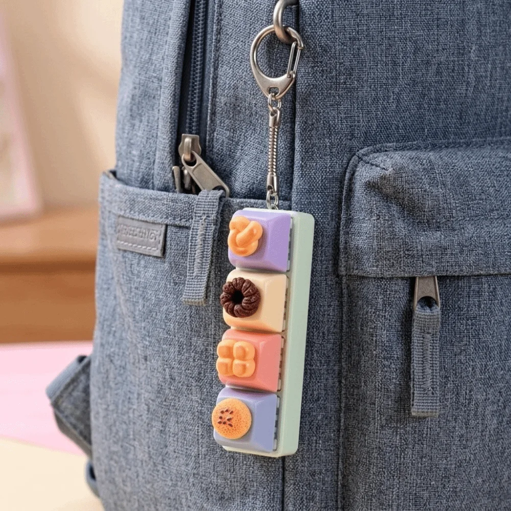 Cartoon 4-Key Bread Keychain Finger Button Dessert Shape Fake Food Key Chain Simulation Food Funny Fidget Keychain Kids Gift