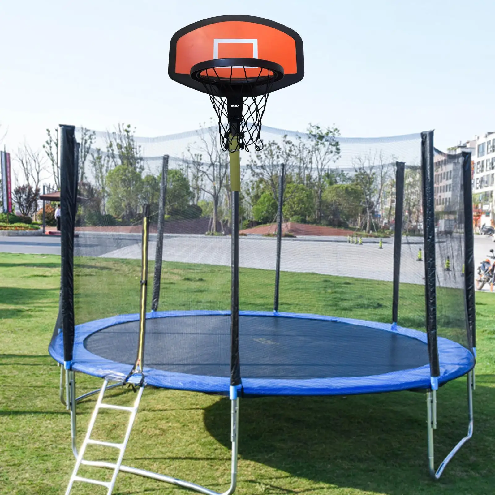 Trampolín de aro de baloncesto, accesorios de trampolín, portería de baloncesto, tablero de baloncesto para niños y niñas, poste curvo de Dunking