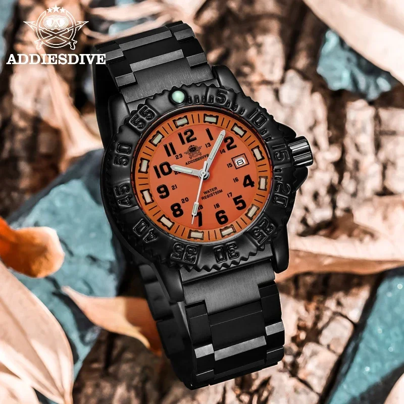 

ADDIESDIVE Fashion Diving Men's Watch Orange Dial Steel Strap Quartz watches Alloy Case Tube Luminous 50m Waterproof Wristwatch