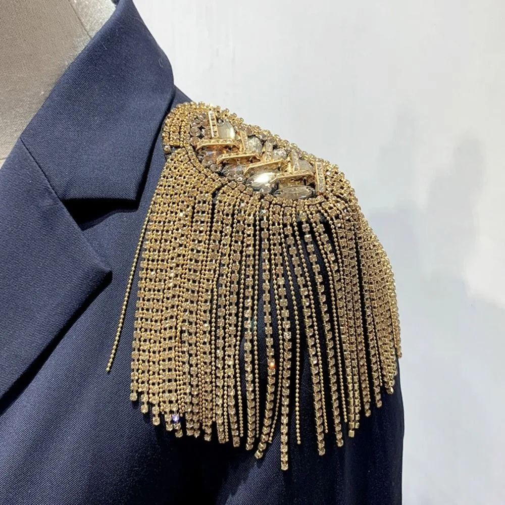Nuevo Charretera con borlas y diamantes de imitación, cadena larga, Charreteras de hombro desmontables, broche dorado, joyería