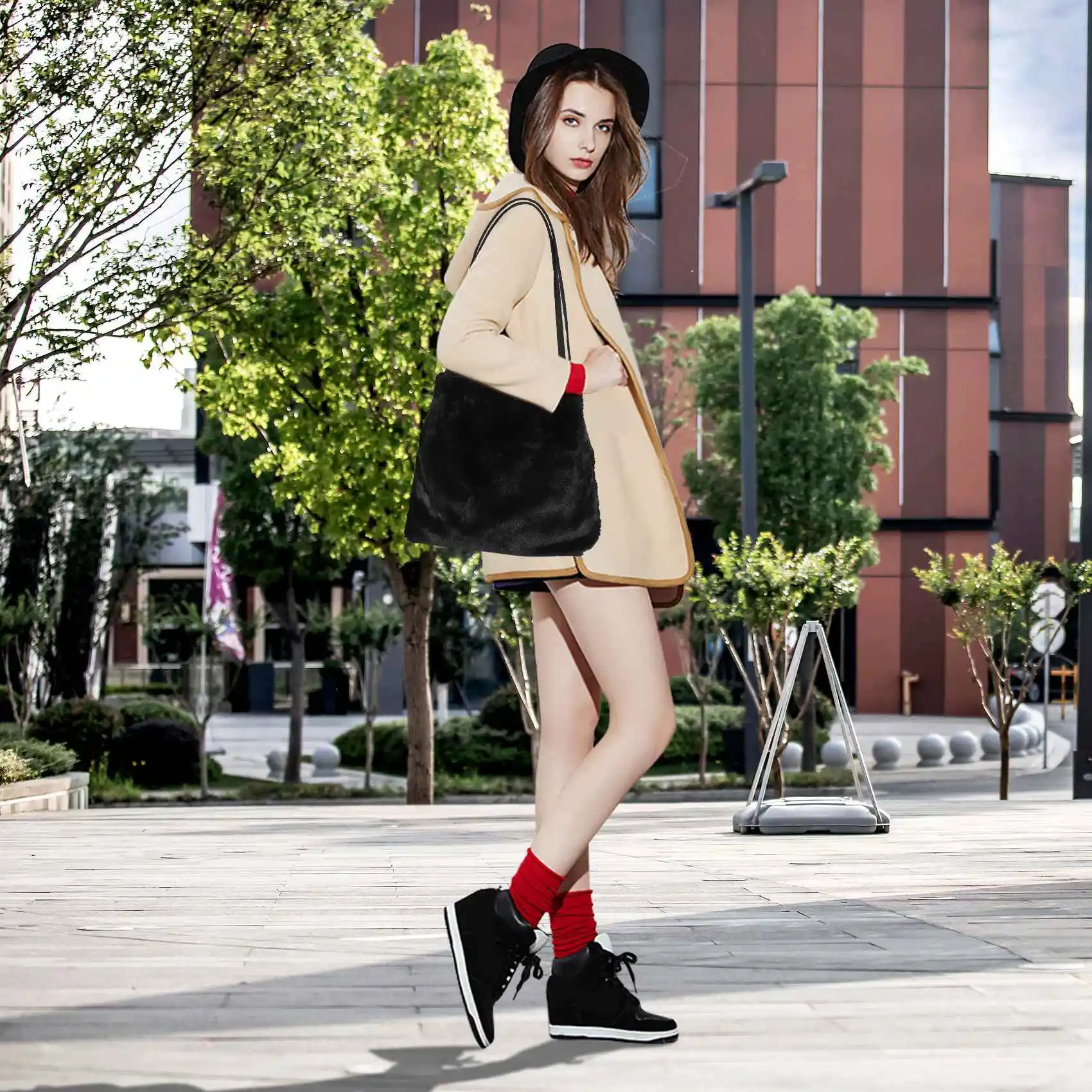 N89R 여성 구매자 가방 여성용 플러시 토트 숄더 백 푹신한 여성 핸드백 모피 숙녀 핸드 구매자 가방, 블랙