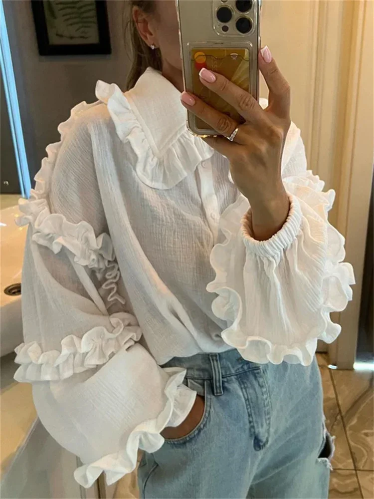 

White Ruffled Casual Shirts For Women Fashion Patchwork Cardigan Lapel Long Sleeve Outwear Slim Ladies Shirts 2024 New
