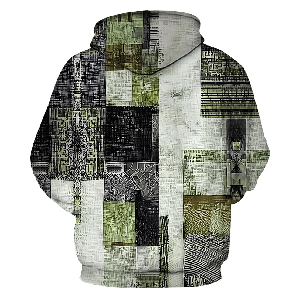 Men's Plus Size Patchwork Print Pullover Hoodie, Distressed Blocks and Striped Textures, Front and Back Abstract Design, S-9XL