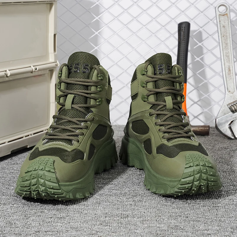 Men's Classic Solid Color High-Top Lace-Up Outdoor Hiking Boots, with Comfortable Lining, Serrated Non-Slip Elastic Thick Sole, Excellent Grip, Suitable for Outdoor Hiking, Leisure, and Mountaineering