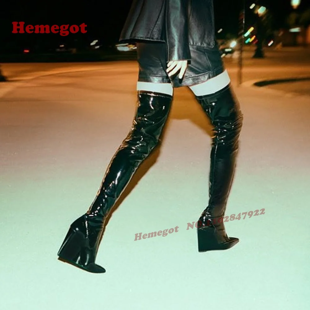 

Черные длинные сапоги на танкетке с острым носком, лакированные кожаные сапоги выше колена, женские сапоги на высоком каблуке, глянцевая зима 2025 года, Новое поступление, роскошь