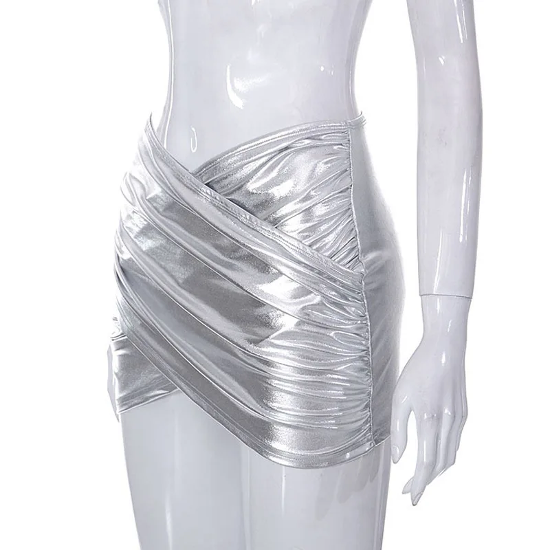 Gonna bianca argento da donna Gonna incrociata in pelle PU Spice Girl Gonna a pieghe Y2k