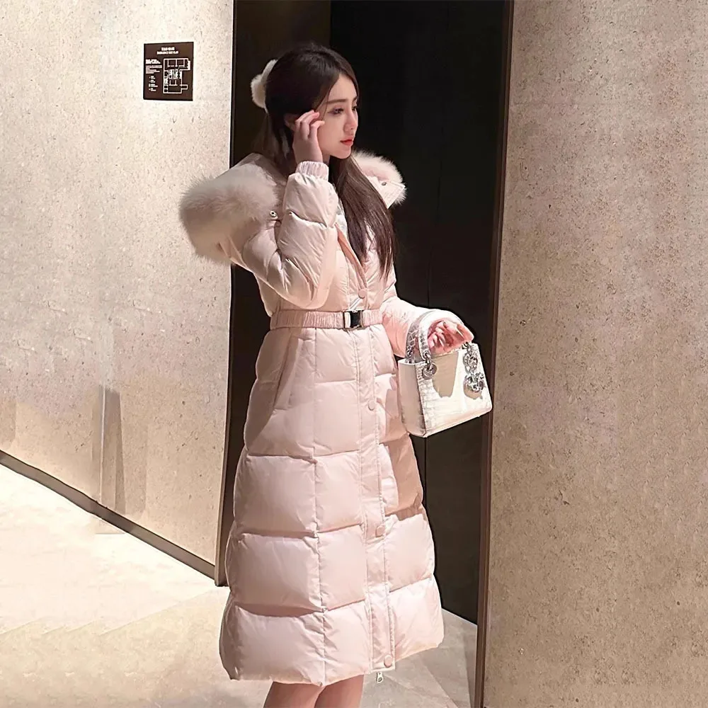 Faux Fur Down Jacket Women Pink Hooded Cotton Clothes Thicken Warm Trend Fashion Long Parkas Female Winter Padded Coat Outerwear