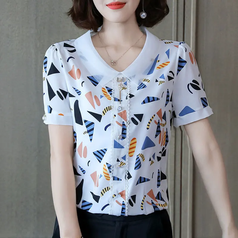 Fashion Geometric Printed Blouse Casual Gauze Peter Pan Collar Female Button Lace 2023 Summer Three-dimensional Decoration Shirt