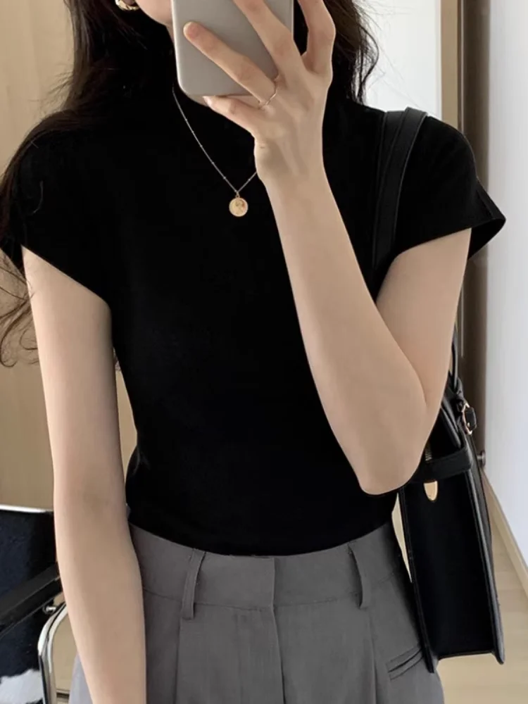 Black Retro Shoulder Short Sleeve T-Shirt Women's round Neck Summer High-End Slimming Base Layer Top Cute Japanese Style