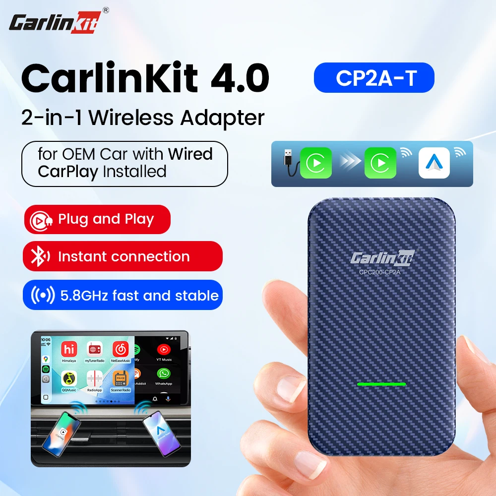 Carlinkit 4.0 Adattatore Wireless CarPlay Android Auto 2-in-1 da Cablato a Wireless, Box Car Play Android Auto, Mini Dongle USB per iPhone e Telefoni Android, Plug and Play, Connessione Automatica BT