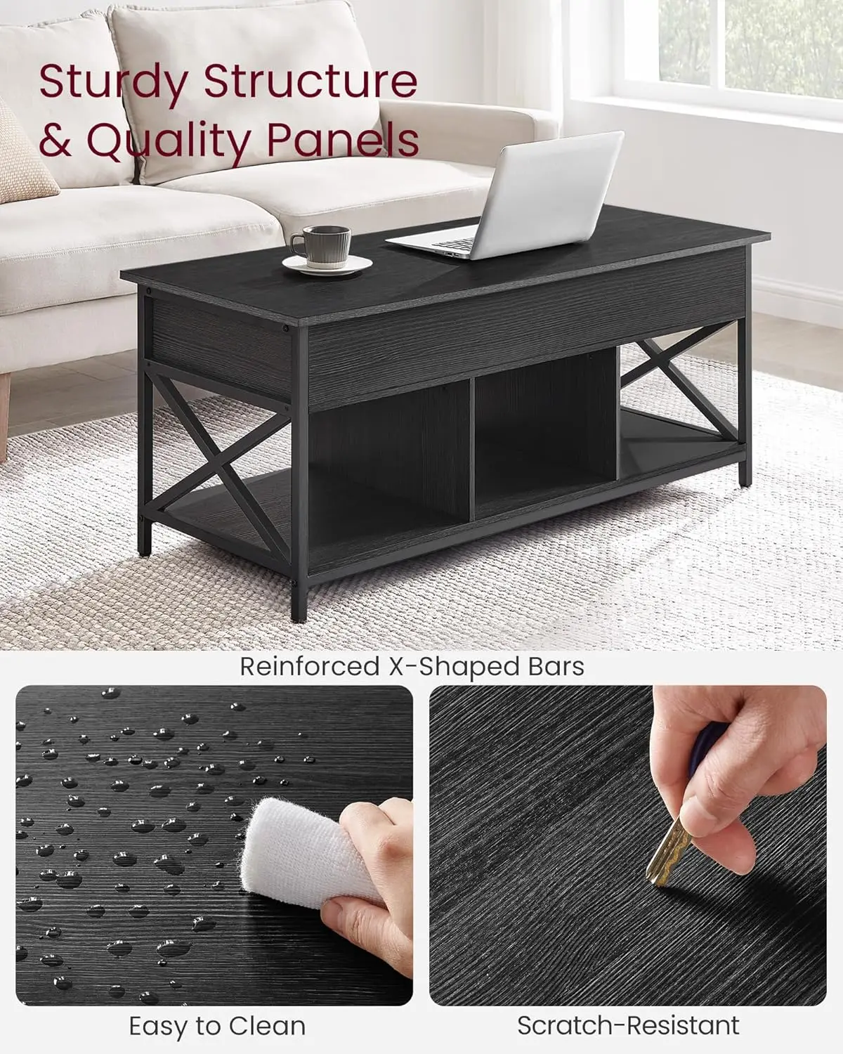 Stolik kawowy z podnoszonym blatem, stolik kawowy z półką do przechowywania, ukryte przegródki i podnoszony blat, do salonu