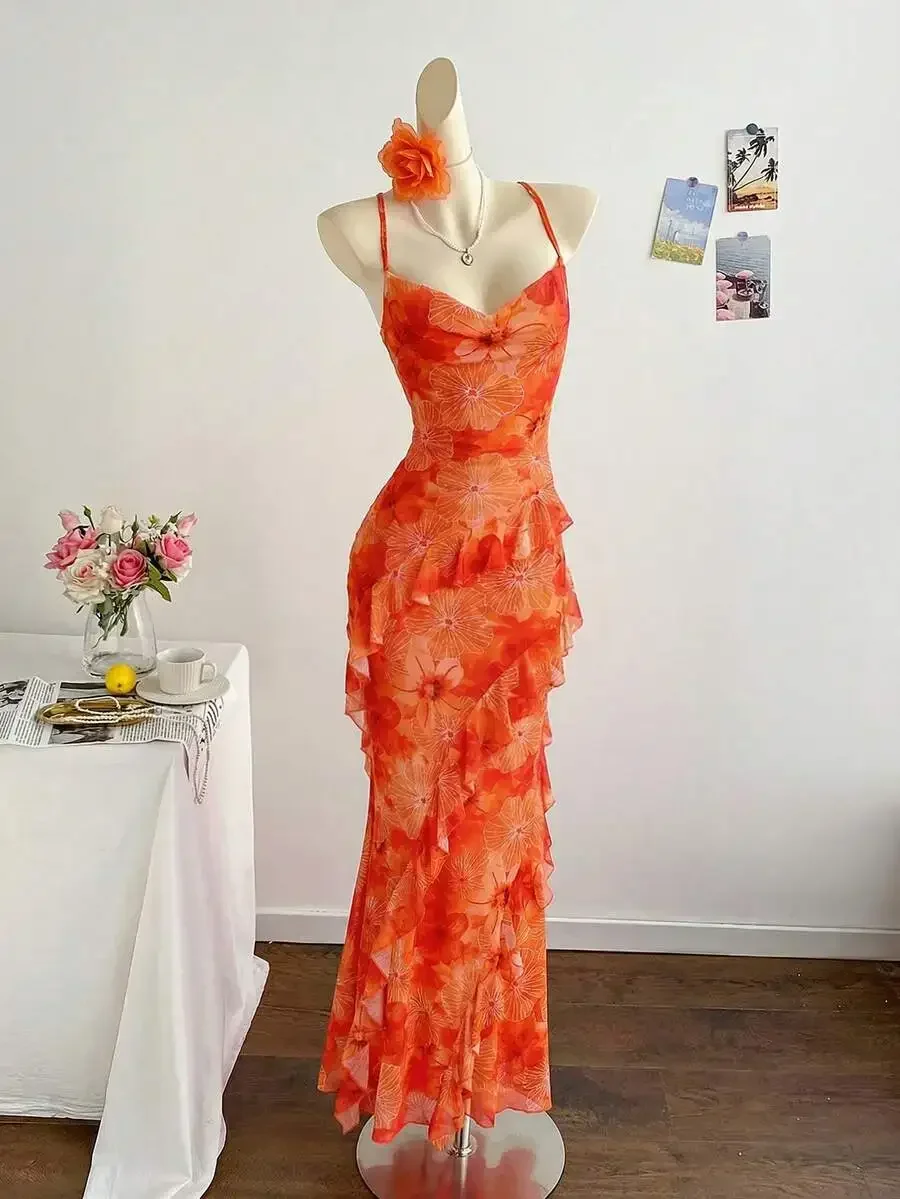 

Vintage Floral Print Draped Neck Ruffle Hem Maxi Dress For Women Summer Vacation Style
