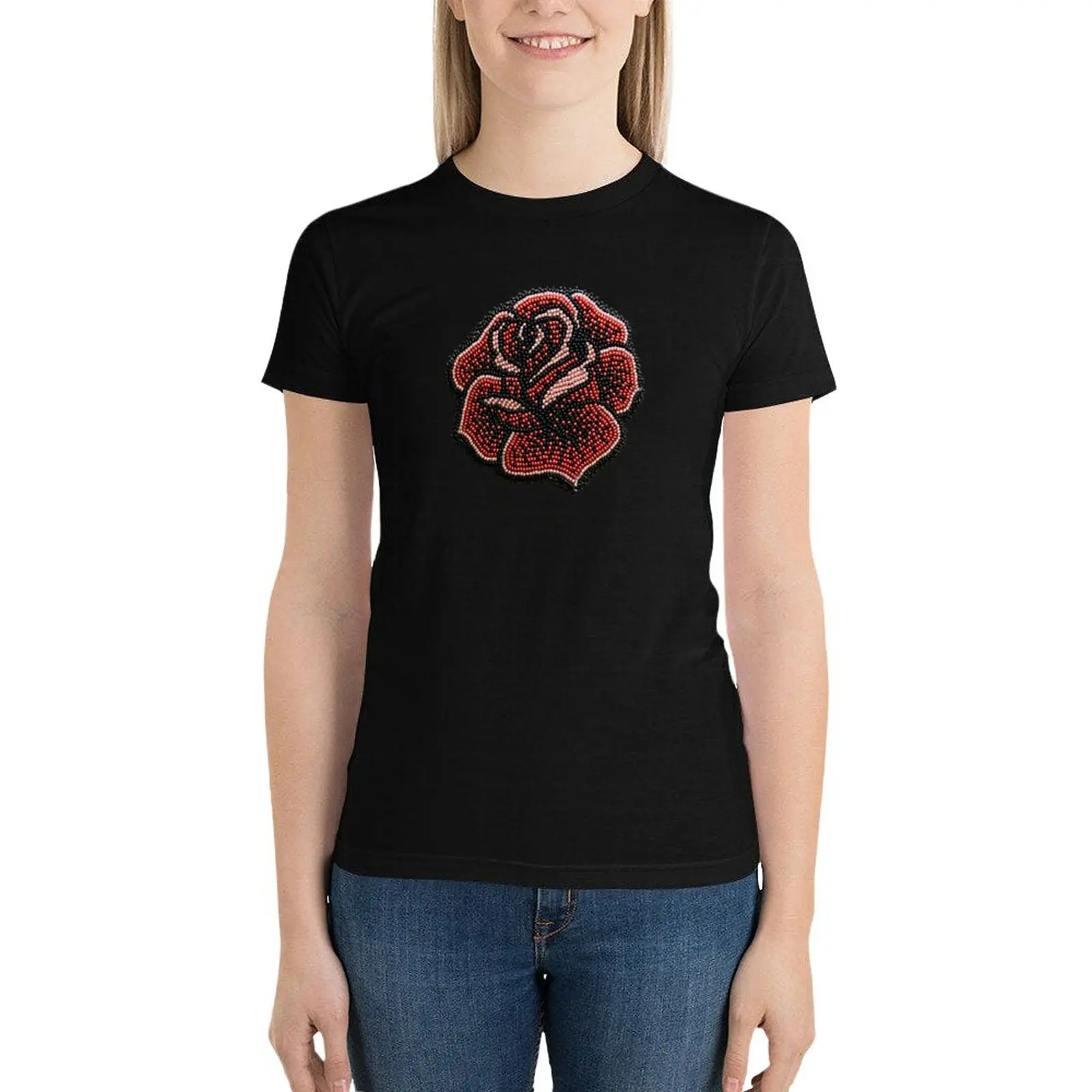 Beaded Rose T-Shirt Estetyczna odzież grafika półfabrykaty letnie ubrania obcisłe koszule dla kobiet