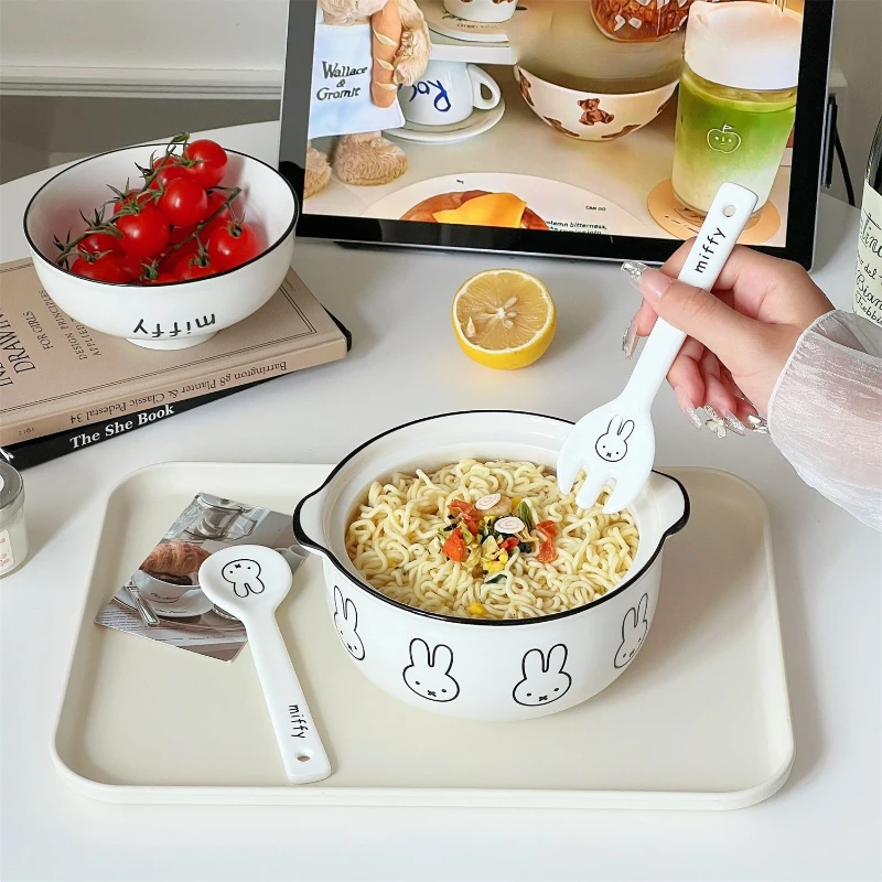 Cartoon Kawaii Miffy Ceramic Household Use New Microwaveable Instant Noodle Bowl Easy To Clean with Lid Large Capacity Welfare