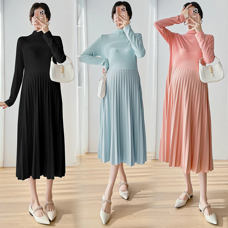 Korean Style Autumn Pregnant Woman Pleated Dress Long Sleeve Turtleneck Fashion Maternity Elegant Dress Pregnancy Evening Dress