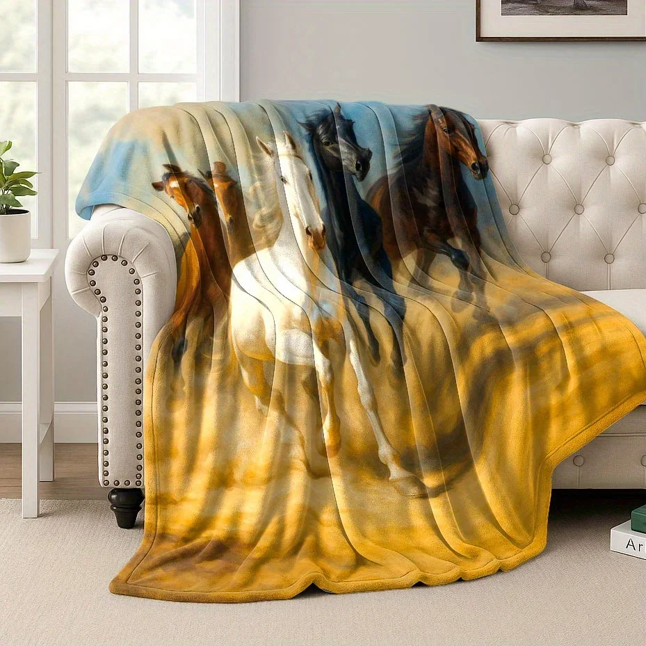 Vibrant Horse Gallop Art Throw Blanket Realistic Equestrian Scene Farm Animal Decor Gift 150x230cm