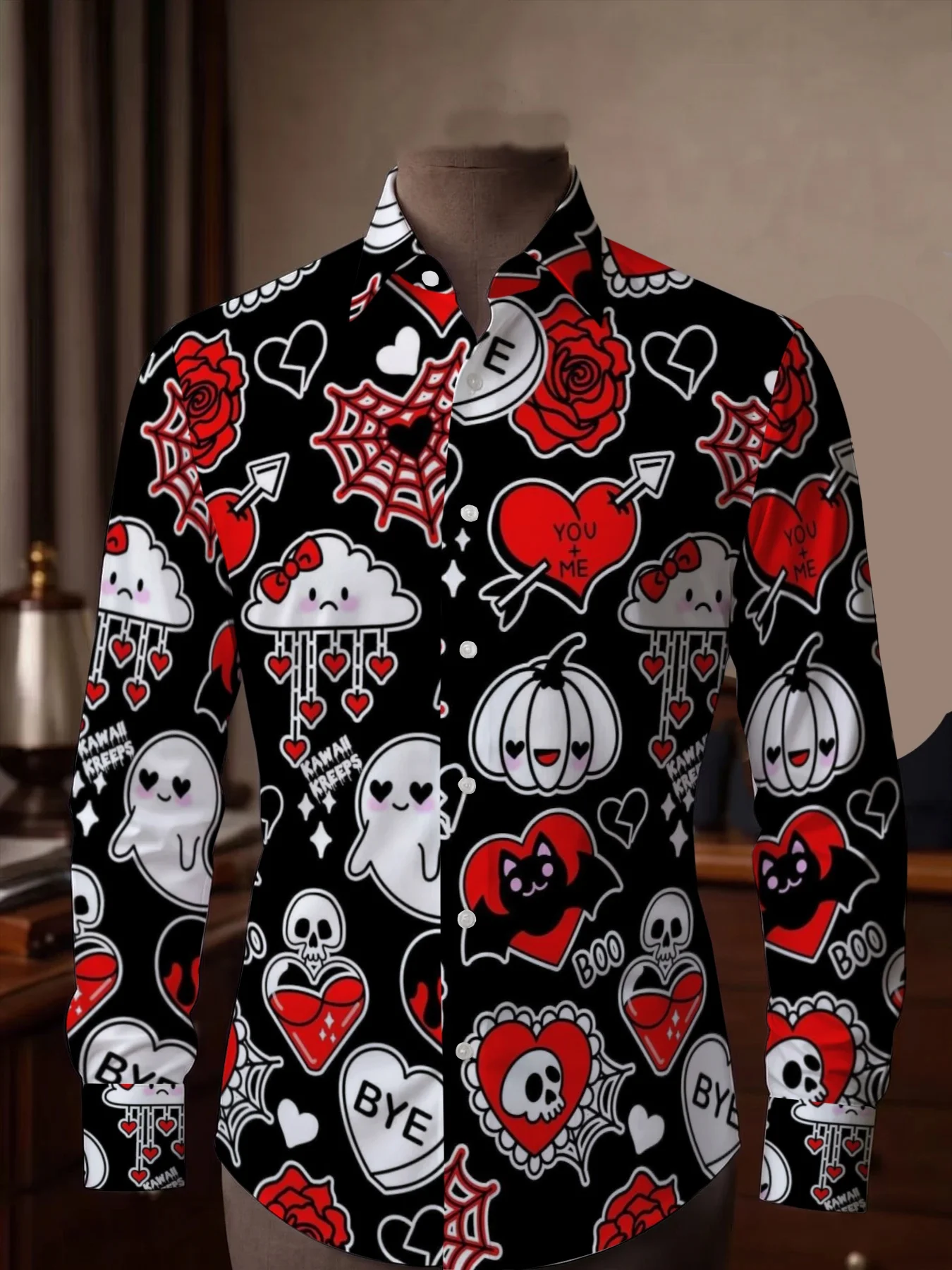 Men Long-Sleeve Button-Down Shirt Black Cute Ghost Heart Rose Print Polyester Lapel Collar Halloween Party Top