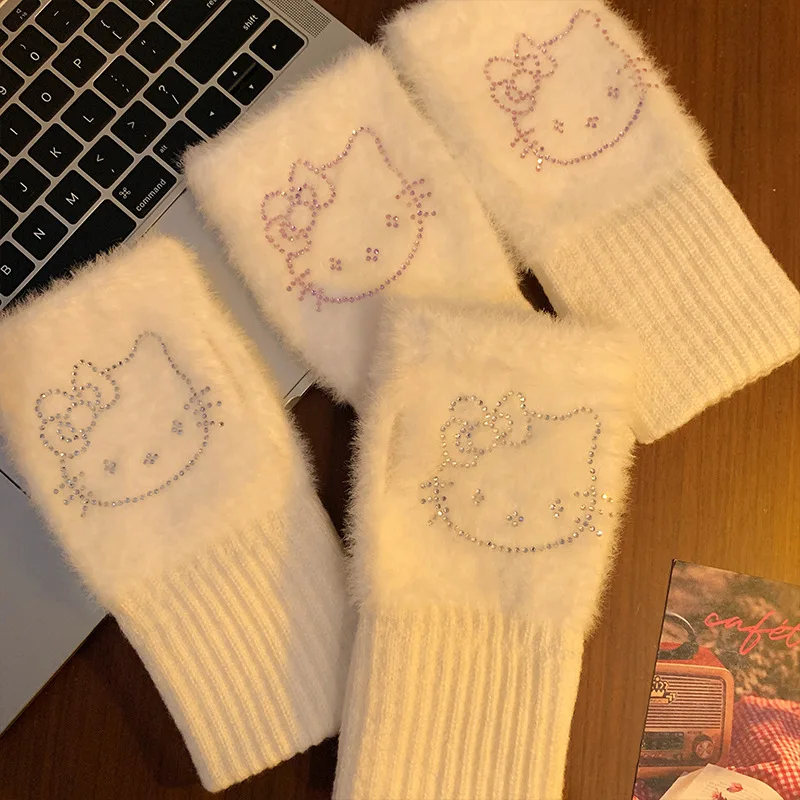 Hello Kitty Sanrio Kt Cat Cute Cartoon Rhinestone Glove Kawaii Half Finger Gloves Lovely Periphery Keep Warm Accessories Gifts