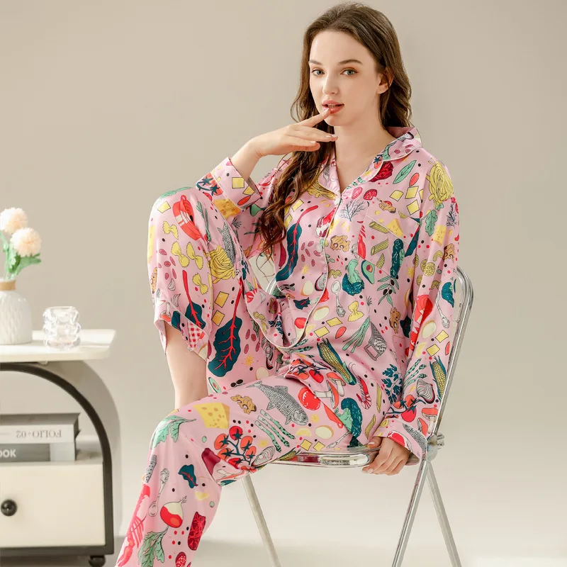 Women\'s Pajamas Sets Spring Autumn 2 Piece Print Pyjama Faux Silk Satin Sleepwear Long Sleeve Pijama Mujer Pjs Homewear