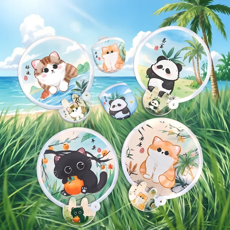 2/4Pcs Cute Summer Portable Folding Fan Round Handheld Fans with Handle Comes with Storage Bag Ideal for Outdoor Beach Shop