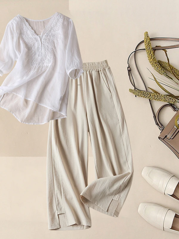 

High End Flax irt Set Women Summer Large Size Mom Cotton Linnea Pants Wide Leg Pant Two Piece Set Vne ort Sve Buttoned