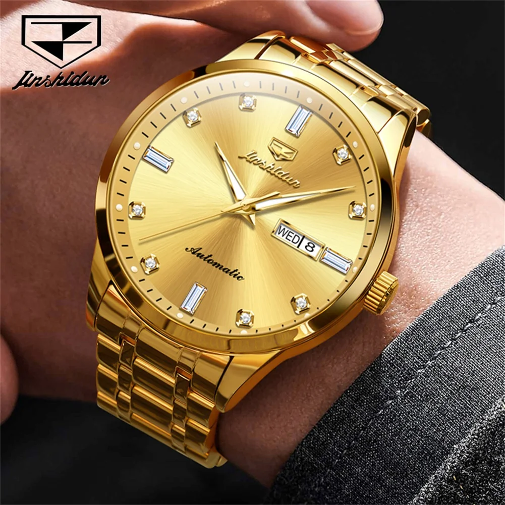 JSDUN 8841 Automatic Mechanical Watch for Men Gold Stainless Steel Luxury Waterproof Calendar Wristwatch Man Relojes Hombres