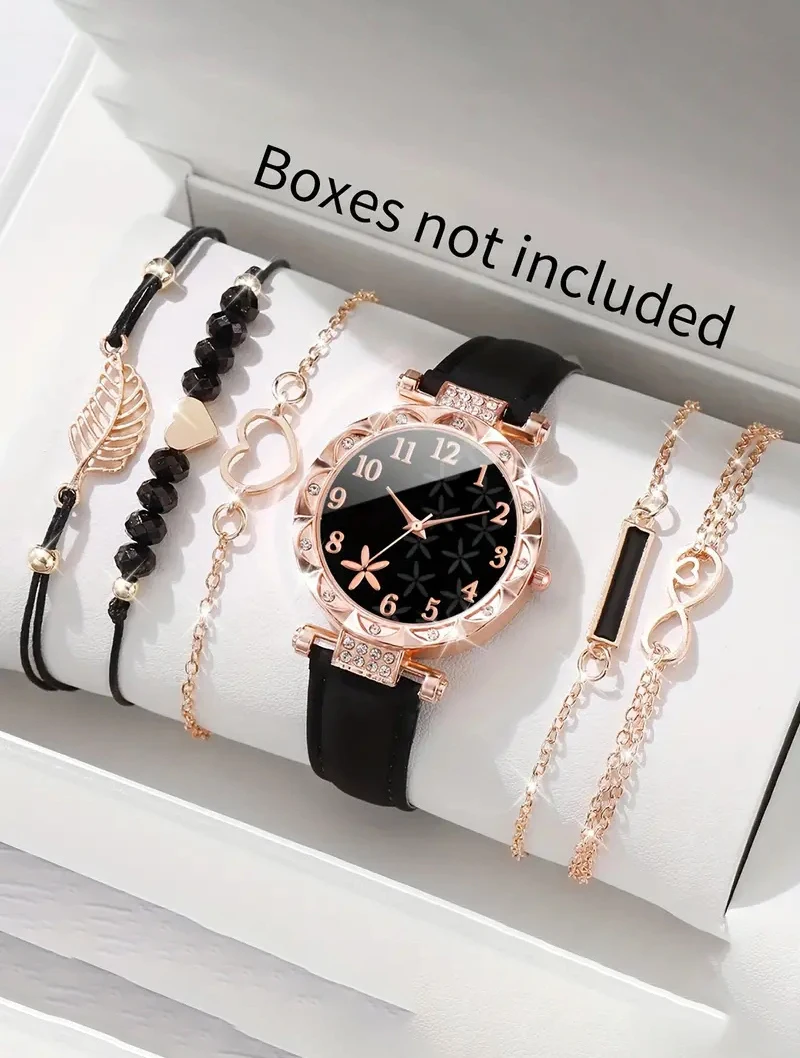 6PCS elegant black leaf plant print ladies quartz watch with black feather Love bracelet set selected gift