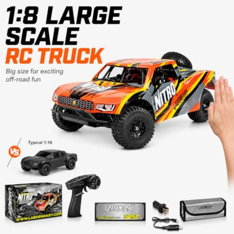 Off-Road RC Truck for outdoor use, ABS plastic body, black with red accents, brushless motor and AWD for high torque and tracti